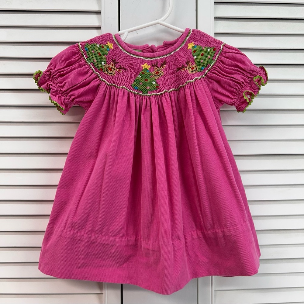 Velani classics size 9M Pink Smocked Kids Dress with Christmas trees & reindeer